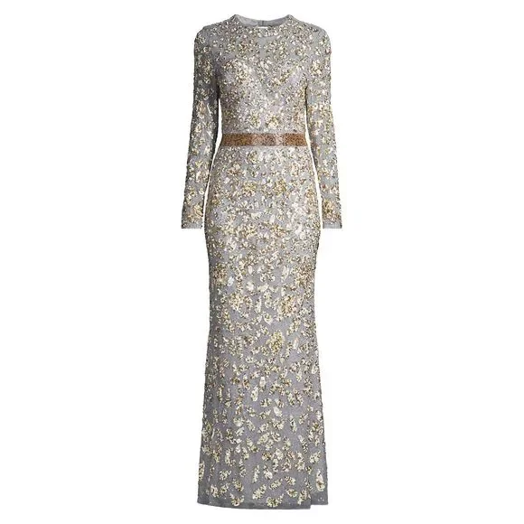 knee length dresses for ladies High Neck Long Sleeve Embellished Gown